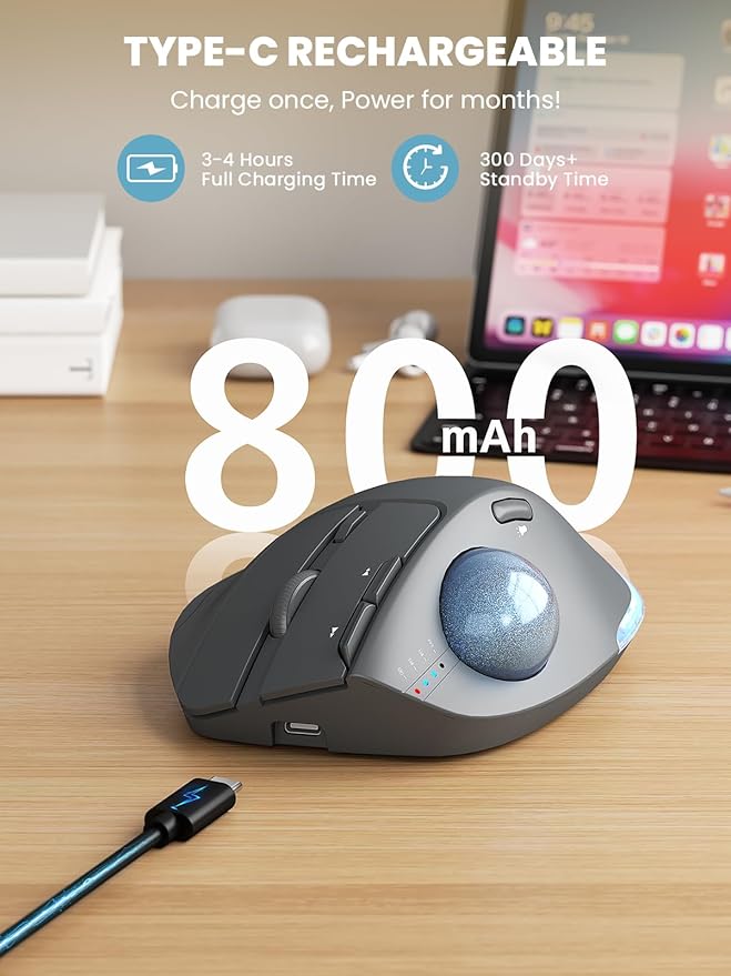 MAM1 Pro Wireless Trackball Mouse, Ergonomic Bluetooth Rechargeable Computer Mouse, Backlit Rollerball Thumb mice with 5 Level DPI, Adjustable Angle, 3 Devices Connection for PC, Windows - Gray Mouse