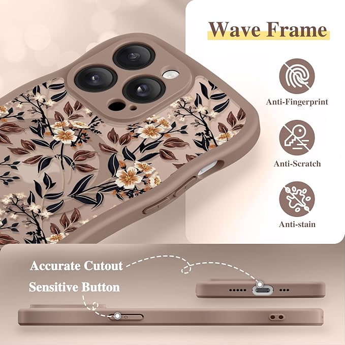 GVIEWIN for iPhone 14 Pro Case Compatible with MagSafe [Curly Wave Edge][Full Camera Protection] Floral Translucent Shockproof Magnetic Women Phone Case for 14 Pro, Bunchflower/Brown