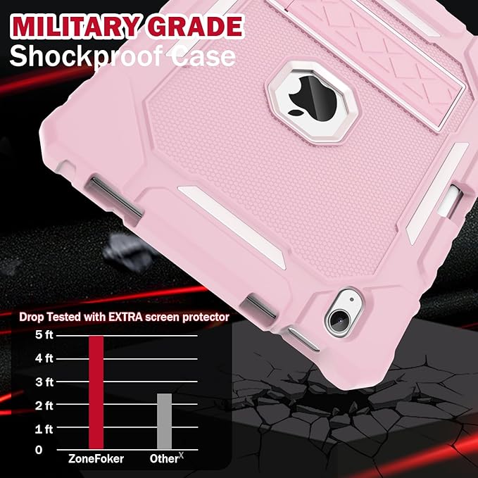 ZoneFoker Case for iPad (A16) 11th/10th Generation 11/10.9 inch 2025/2022, Heavy Duty Military Grade Shockproof Rugged Cover with Pencil Holder/Stand for i Pad 11th / 10 th Gen (Light Pink)