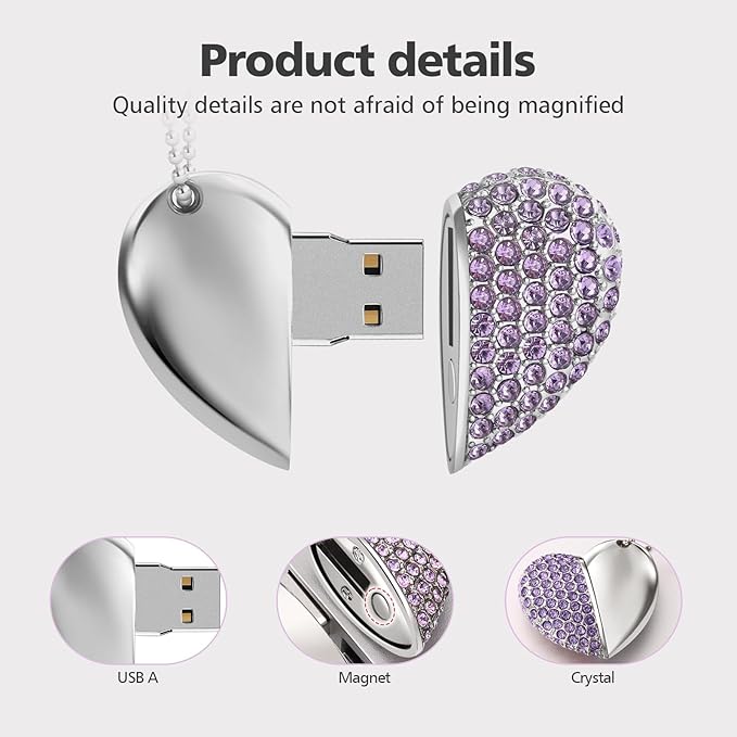 USB 2.0 Flash Drive,Cute Romantic Heart Shape USB Memory Stick,Thumb Drive for Photos, Music, Files Storage (Purple, 64, GB)