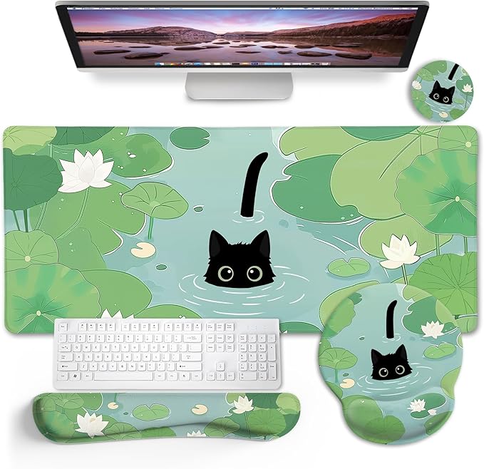 Blusabaca Mouse Pad Desk Pad, Cat Lotus Leaf Desk Mat Large Gaming Mouse Pad with Wrist Rest Cute, Keyboard Pad Wrist Rest Ergonomic, Cup Coaster, Work Home Accessories Office Supplies Decor