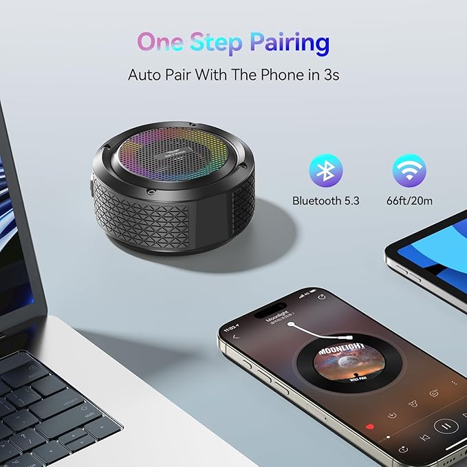Bluetooth Shower Speaker, Soundace S6 IPX7 Waterproof Portable Speaker with Suction Cup, Hook, Lights,Stocking Stuffers, Premium Mini Outdoor Wireless Speake Ideal Gift for Christmas (Black)
