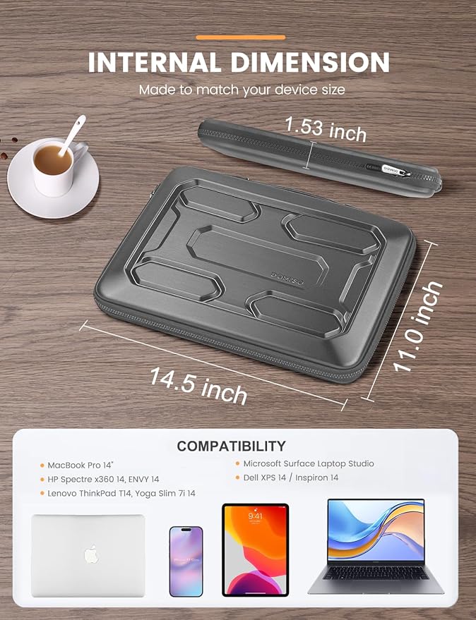 DOMISO 14 inch Laptop Sleeve with Handle Shockproof Computer Bag Waterproof EVA Protective Carrying Case for 14" ThinkPad E480/Yoga 920/13.5" Microsoft Surface Book/HP Pavilion 14 Stream 14, Dark Grey