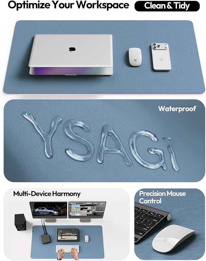 YSAGi Leather Desk Protector, Office Mat, Large Mouse Mat, Non-Slip PU Leather Blotter, Laptop Desk, Waterproof Writing Pad for Office and Home (Blue, 23.6" x 13.8")