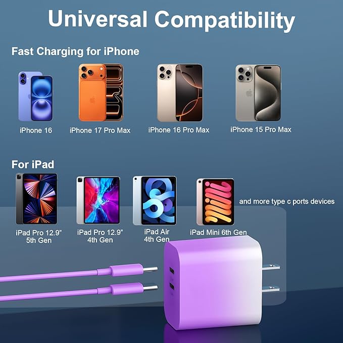 20W Dual Port USB C Charger Block,Phone 17 16 15 Pro Max Charger Fast Charging with 10FT Long USB C to C Charging Cable Cord for 17 16 Pro Max/17 16Pro/15/15Plus,Android Phone-Gradient Purple