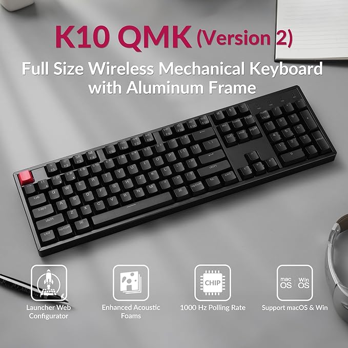 Keychron K10 QMK Bluetooth Wireless/Wired Mechanical Keyboard, Full-Size Layout Hot-Swappable Gaming Keyboard with Keychron Super Brown Switch, RGB Backlit, Aluminum Frame for Mac/Windows-Version 2