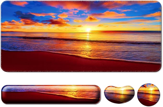 Keyboard Wrist Rest + Mouse Pad with Wrist Support + Desk Mat + Coaster 4 in 1 Set, XXL Large Gaming Mousepad Cute Ergonomic Mouse Pads for Desk Computer Laptop Office Decor-Sunset Beach