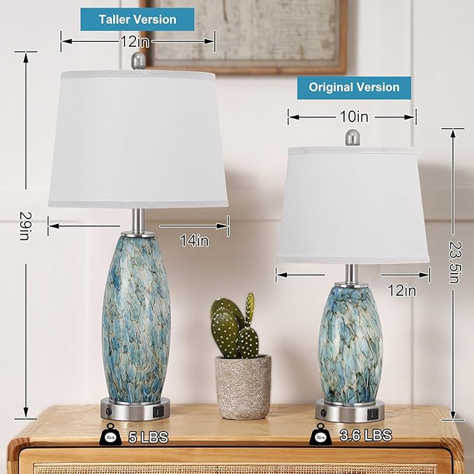 Lovlast Table Lamps Set of 2 with 3-Way Lighting Modes, USB & Type C Ports - Coastal Modern Style Glass Nightstand Lamps for Living Room & Bedroom Decoration (23.5" H)