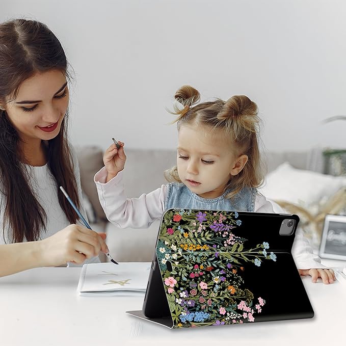 for iPad Air 11 Inch Case M4/M3/M2 2026, for iPad Air 5Th/4Th Gen Cases 10.9-inch,for iPad Pro 11 Inch Case 4Th/3Rd/2Nd/1St Generation Typing Stand 4 Viewing Stand,Pencil Holder, Black Flower