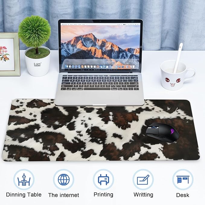 Highland Cow Print Gaming Mouse Pad, Large Mouse Pad Waterproof, Extended Desk Mousepad with Non-Slip Rubber Base Stitched Edge, Keyboard Mat for Desk Gaming Home Office, Black, 35.4" x 15.7"