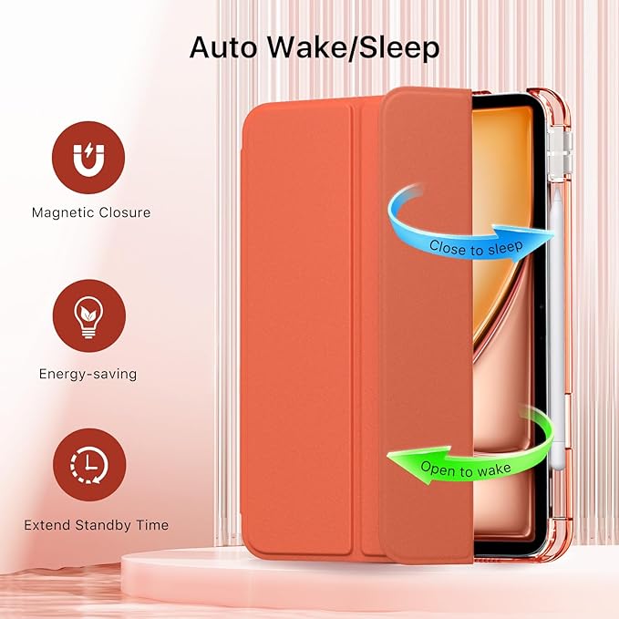 MoKo for iPad Air 11 inch Case (M4/M3/M2) 2026/2025/2024, iPad Air 5th/4th Gen 10.9 inch Case 2022/2020 with Pencil Holder, Slim Light Trifold Cover with Hard PC Translucent Back Shell, Orange