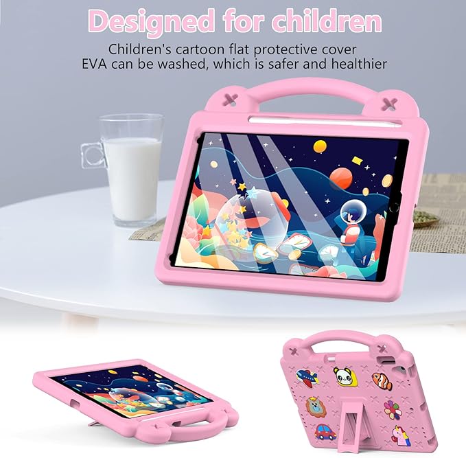 Dteck for iPad 9th/8th/7th Generation 10.2" Kids Case,Cartoon Panda Shockproof Rugged Lightweight Convertible Handles Stand Kids Friendly Case with Pencil Holder for iPad 10.2 inch 2021/2020/2019,Pink