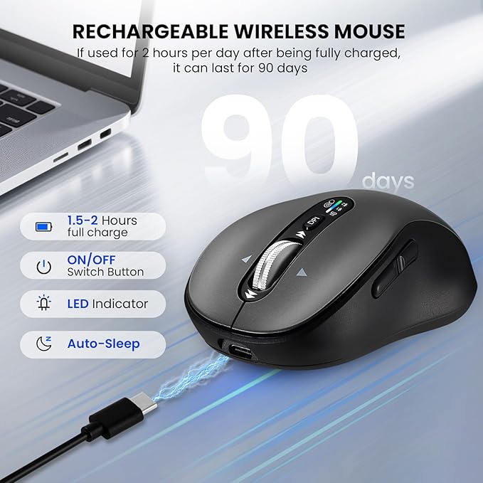 Wireless Bluetooth Mouse,Multi Device Ergo Computer Mouses,Metal 4-Way Super Scrolling,± 3200 DPI,10 Buttons,Plug&Play,Quiet,Rechargeable,USB Cordless Mice for Laptop,Tablet,Mac,iPad,PC,Phone (Grey)