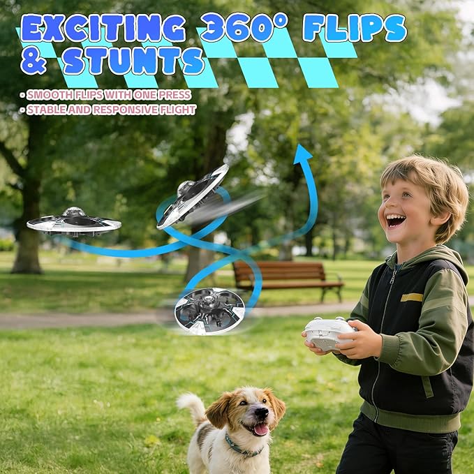 Mini UFO Drone for Kids – Safe RC Toy with 7 LED lighting modes, 360° Flips, Light Projection onto Ceilings, Auto Hover, Hand Gesture, 2 Batteries(14 Min Flight), Ideal Fun Gift for Kids
