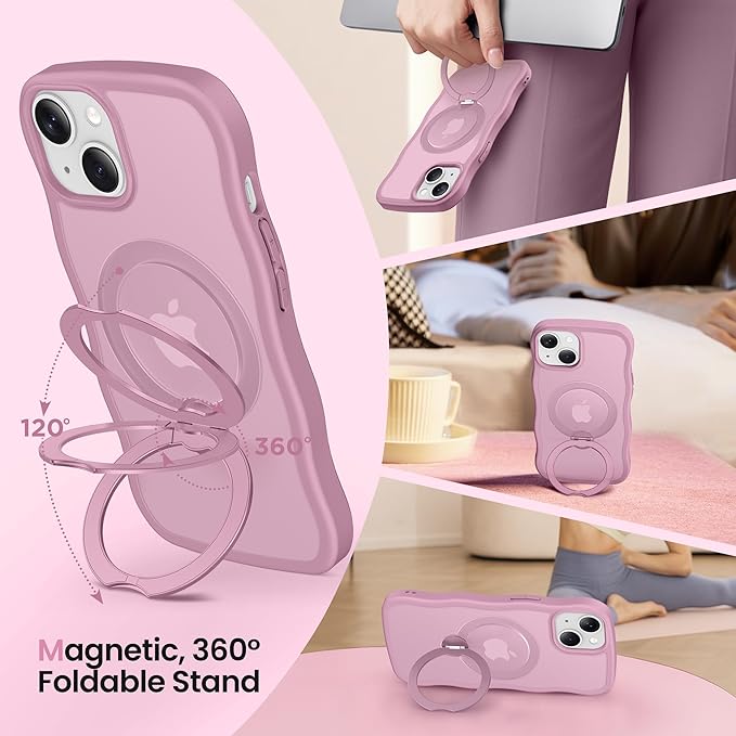 CAPRARO for iPhone 13 Case & iPhone 14 Case with 360° Spin Magnetic Stand for Women, [Compatible with MagSafe] [Camera Protection] Cute Wave Translucent Matte Case for iPhone 13/14, Black Currant