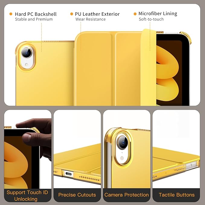 MoKo for iPad mini 7 (A17 Pro) Generation Case 2024, iPad mini 6 Case 2021, 8.3-inch Slim Lightweight Protective Hard Back PC Shell Stand Cover Support Touch ID, Auto Wake/Sleep, Mist Yellow