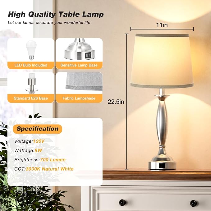 Seealle Touch Bedside Lamps for Nightstand Set of 2 - Bedroom Lamps with USB C+A, 3 Way Dimmable Nightstand Lamps, Brushed Nickel Table Lamps for Living Room (Bulbs Included)