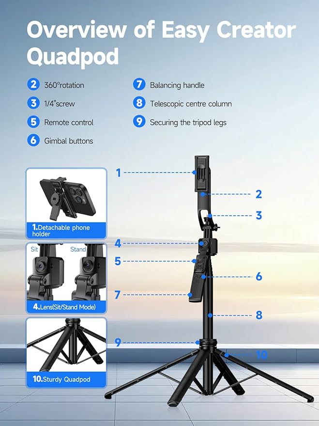 Rollei Auto Face Tracking Tripod, Smartphone Gimbal Stabilizer 64'' Selfie Stick Tripod Holder 360° Rotation for iPhone/Android Stand for Filming Streaming Tiktok Video Vlog