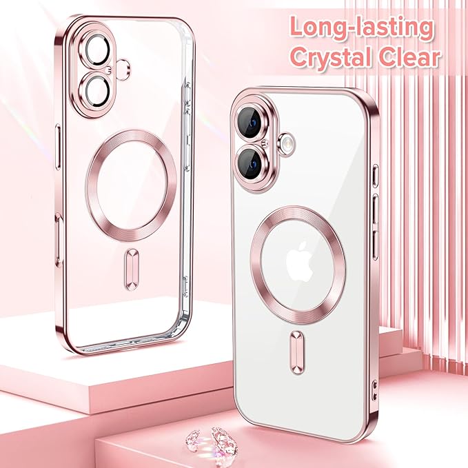 Hython Magnetic Clear for iPhone 17 Case with Camera Lens Protector [Compatible with MagSafe] Luxury Plating Edge Slim Soft TPU Cover Protective Phone Case for iPhone 17 6.3", Pink