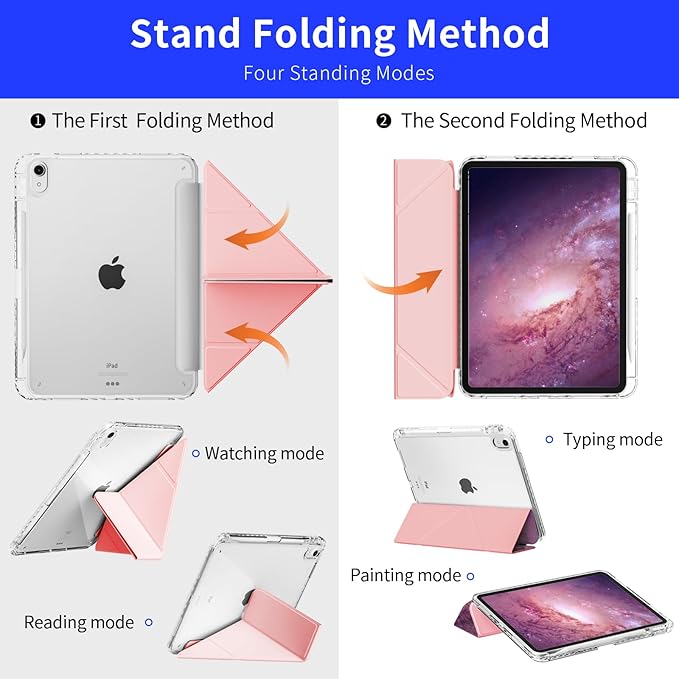 Slim Case for iPad 10th Generation 10.9 2022 & iPad 11th Generation A16 11 Inch 2025, Shockproof Clear Back Cover with Pencil Holder, Origami Trifold Multi-Angle Stand, Composition Book