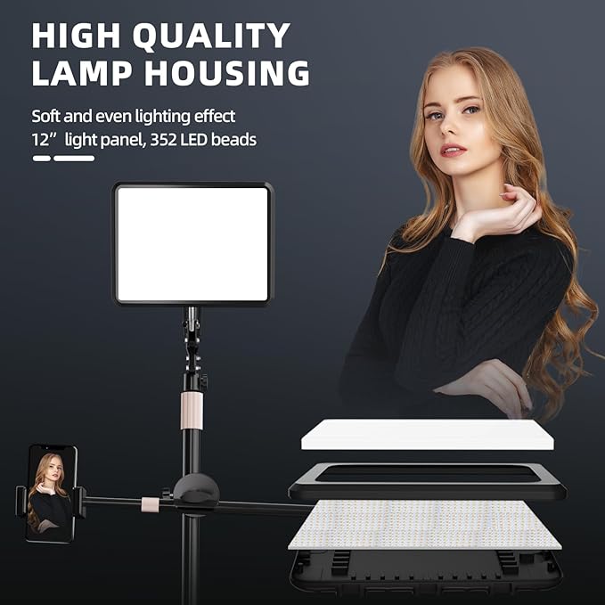 Selfie Light with Stand and Cell Phone Holder, 12" Led Panel Lamp Tripod with Adjustable Arm, 2800-7000K Color Temperature for Photoshoot, Video Recording, Streaming, Vlog, YouTube, TikTok