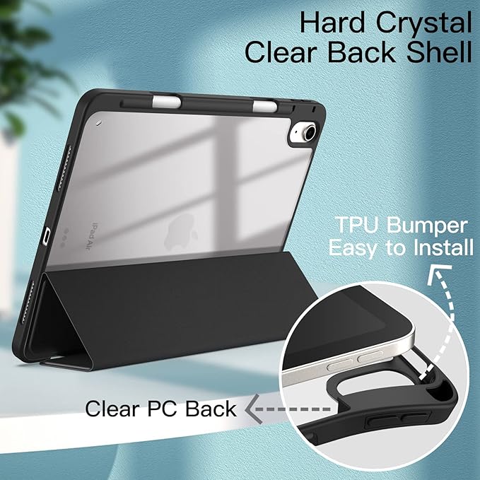 JETech Case ONLY for iPad Air 11-Inch M4/M3/M2 (2026/2025/2024), iPad Air 5/4 (2022/2020 5th/4th) with Pencil Holder, Clear Transparent Back Slim Stand Shockproof Tablet Cover (Black)