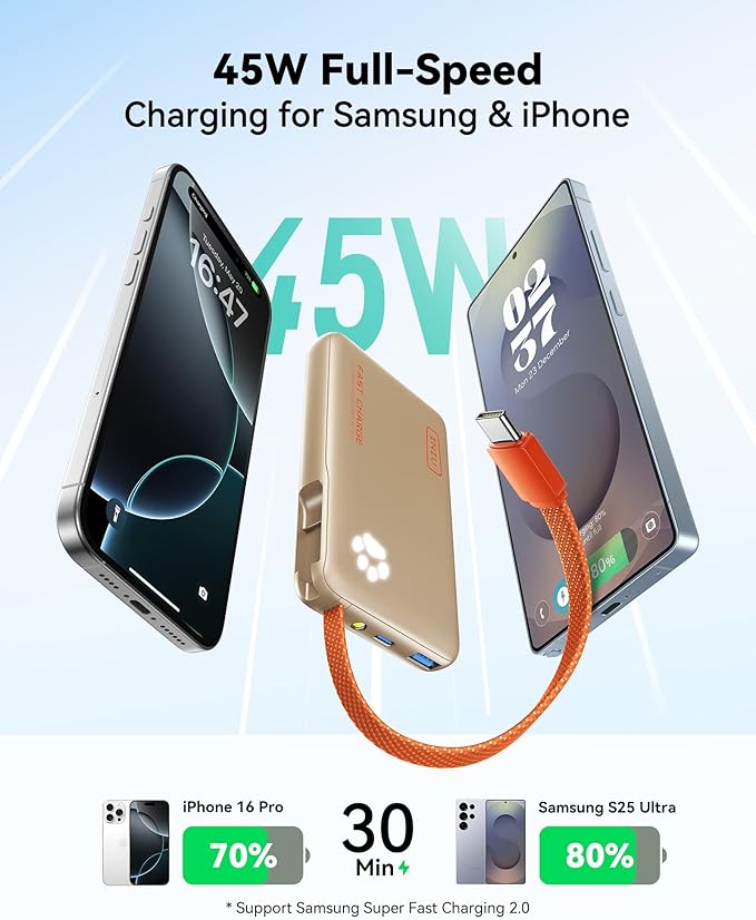 INIU 45W Power Bank, Fast Charging Portable Charger with Built-in USB C Cable, 10000mAh Small Type C Powerbank, Battery Pack for iPhone 17 16 15 14, iPad, Samsung S25 S24 etc Travel Camping, White