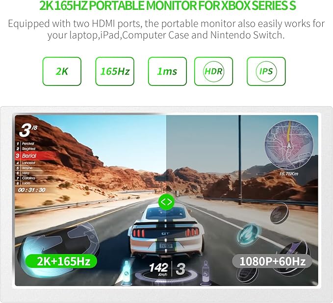 G-STORY 15.6" Portable Monitor 144Hz for Xbox Series S 2K Portable Gaming Monitor IPS Screen for Xbox Series S（not Included） with Two HDMI, HDR, Freesync Game Mode Travel Monitor