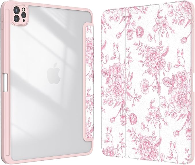 Case for iPad Pro 11 inch 4th/ 3rd/ 2nd / 1st Generation (2022/2021/2020/2018), Case with Pencil Holder, Clear Back Cover Cute Cool Design for Women Girls, Auto Sleep/Wake, Artistic Flower