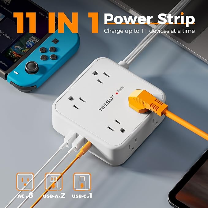 TESSAN Surge Protector Power Strip, 15 Ft Flat Plug Extension Cord with 3 USB (1 USB C) 8 Outlets, 1250W, 900J Protection, 3 Sided Outlet Extender with Power Switch for Office, Dorm Room, White