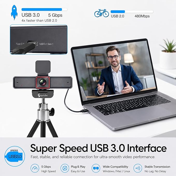 Angetube 4K Webcam with AI Tracking,Remote Control 4K Web Camera/10X Digital Zoom 1080P 60fps Web cam with USB 3.0 HDR/Dual Noise Cancelling Microphones for Video Calls/Meetings/Streaming/Skype/Zoom