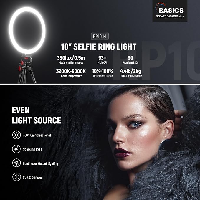 NEEWER Basics 10" Selfie Ring Light with Tripod Stand/2 Phone Holders Compatible with iPhone/QR Plate, Dimmable LED Ringlight Lighting for YouTube TikTok Vlog Video Recording Makeup Streaming, RP10-H