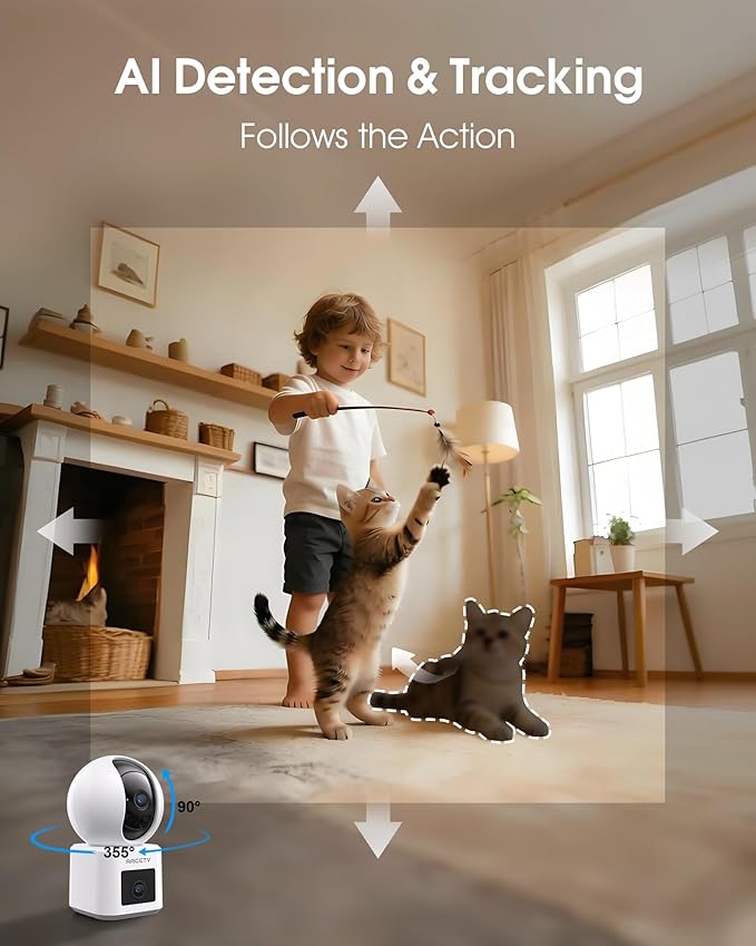 ARCCTV Dual Lens Indoor Security Camera, 2.5K WiFi 6 Pet Camera with Phone App, 360° Dog Camera for Home Security, 5GHz Wireless, 2-Way Audio, Motion Tracking, Night Vision, Baby Monitor