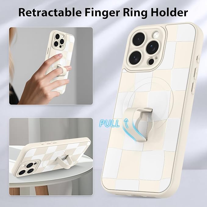 KANGHAR Compatible with iPhone 16 Pro Max Case, Support for MagSafe, Silicone Checkered Cute Pattern, Wristband Kickstand Camera Protection Soft Slim Cover for Girls Women -White