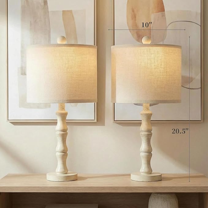 BOBOMOMO 20.5" Farmhouse Bedside Lamps Set of 2, Vintage Nightstand Lamps with Antique White Resin Base & Linen Shade, Small Table Lamps for Bedroom, Living Room, Nursery & Light Neutral Home Décor