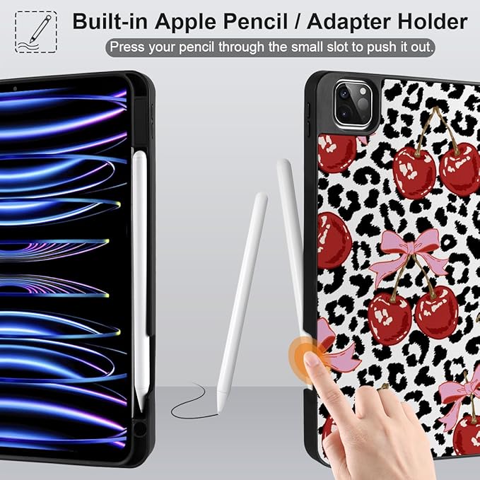 MEEgoodo for iPad Pro 12.9 Case M2 6th/5th/4th/3rd Generation 2022 2021 2020 2018 with Pencil Holder, Tablet Cover with Soft TPU Back Shell, Leopard & Cherry