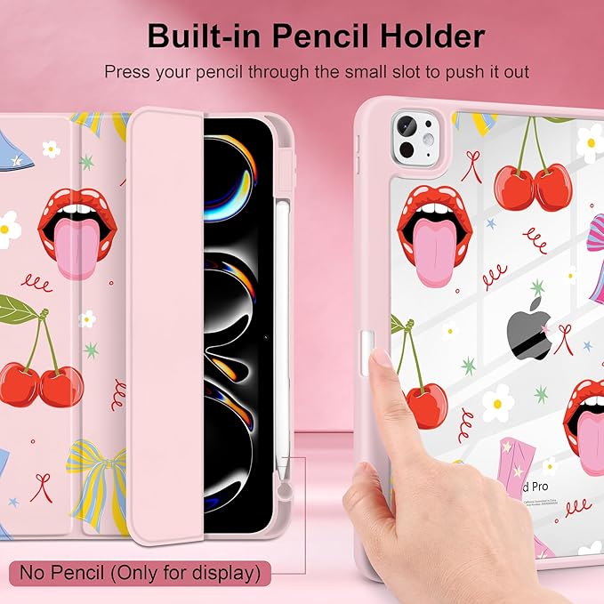 Case for iPad Pro 11 Inch (M5 2025 M4 2024) – [Built-in Pencil Holder], Shockproof & Stylish, Clear Hard Back + Soft TPU Edge, Magnetic Trifold Stand, Auto Wake/Sleep, Cherry & Lip