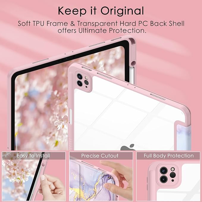 Soke Case for iPad Pro 12.9 Inch (6th/5th/4th/3rd Generation, 2022/2021/2020/2018) - Pencil Holder + Auto Sleep/Wake + Camera Protection, Transparent Shockproof Back Cover, Dreamy Marble