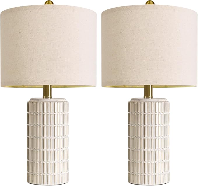 PoKat 20.75" Small Modern Ceramic Table Lamps Set of 2 for Bedroom, White Bedside Lamps for Night Stands, Farmhouse Desk Decor Gift Nightstand Table Lamps for Living Room End Table Beige