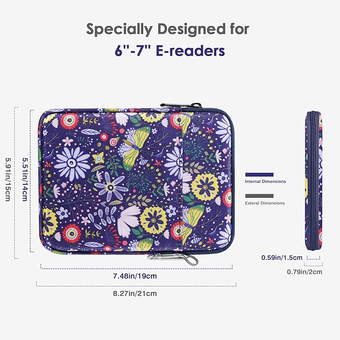 MoKo Padded Ereader Sleeve Case for 6-7 inch Ereader Tablet Bag Protective Cover Pouch with a Carabiner, Compatible with 7" Colorsoft Signature Edition 2024, Colorful Flowers