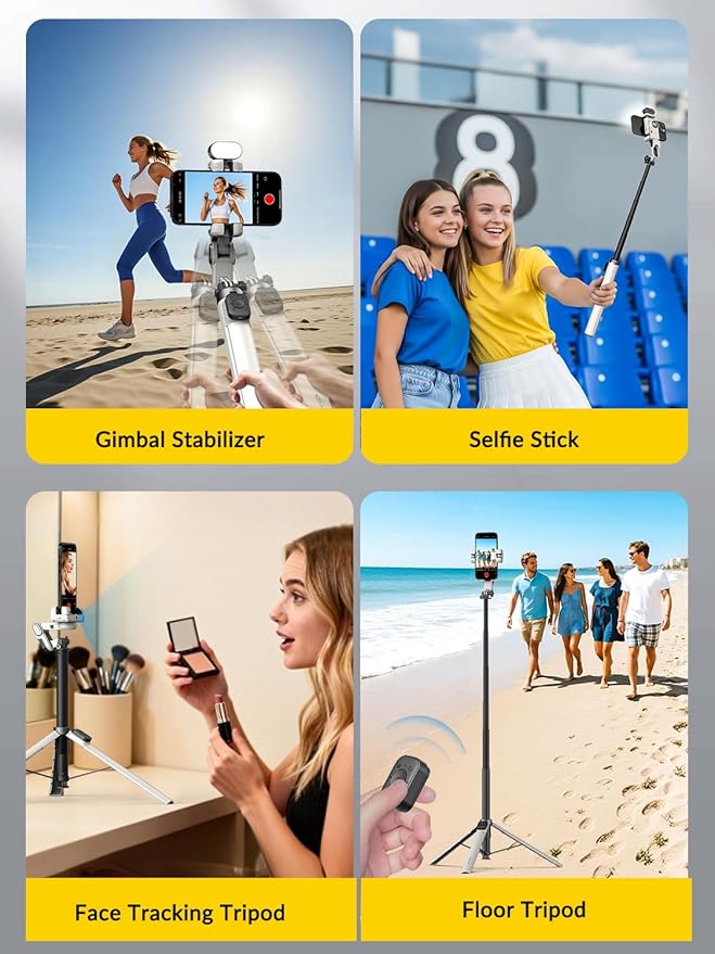 AOCHUAN 70.9” Auto-Open 4-in-1 Smartphone Gimbal for iPhone & Android, AI Face Tracking Phone Stabilizer(No App Needed) w/Magnetic Remote, 360° Rotating Gimbal, RGB Light& Built-in Tripod, M3Pro White