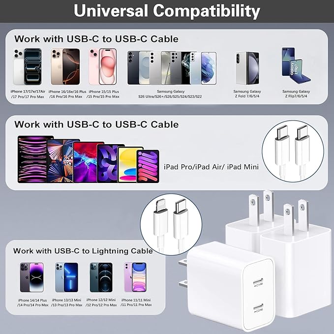 USB C Fast Charger Block,USB C Charging Block 3-Pack Type C 2in1 Dual Ports Plug Wall Charger,Fast Type C Charger for iPhone 17/17 Pro/17 Pro Max/Air/16E/16 Plus/16 Pro Max/15/14/13/12/11/Xs Max/XR/X