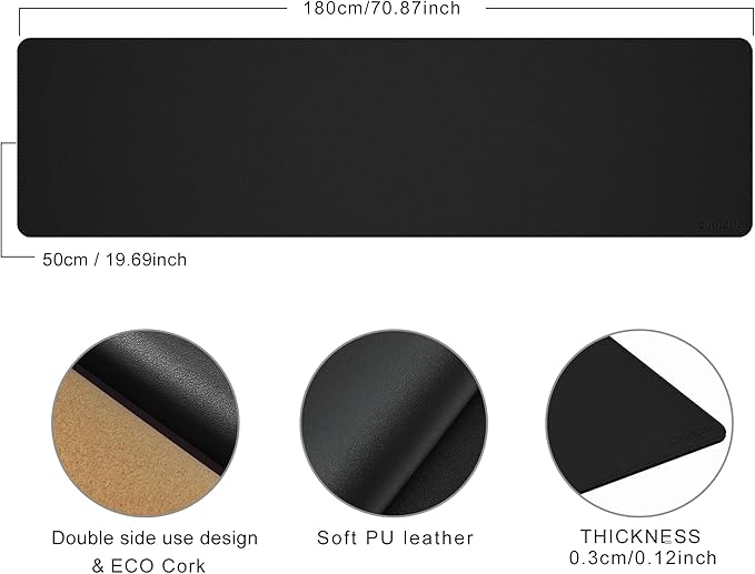 Chihein 71” x 20” Cork & PU Leather Desk Mat (Black) - Huge Mouse Pad, Double Sided Waterproof Desk Pad Protector for Gaming, Office, Home