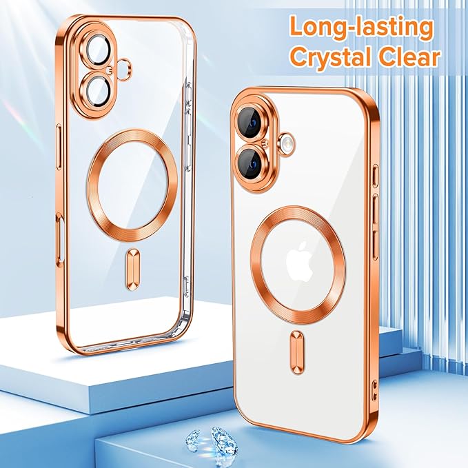 Hython Magnetic Clear for iPhone 16 Plus Case with Camera Lens Protector [Compatible with MagSafe] Luxury Plating Edge Slim Soft TPU Cover Protective Phone Case for iPhone 16 Plus 6.7", Orange