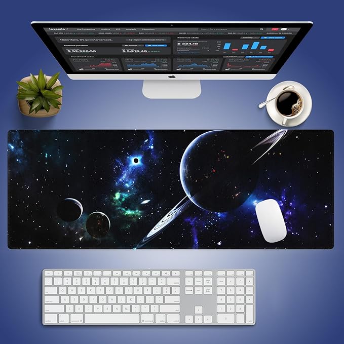 Extra Large Gaming & Office Mouse Pad (31.5" x 11.8") – Space Planets Navy Blue Galaxy, Premium Anti-Slip XXL Desk Mat with Durable Stitched Edges
