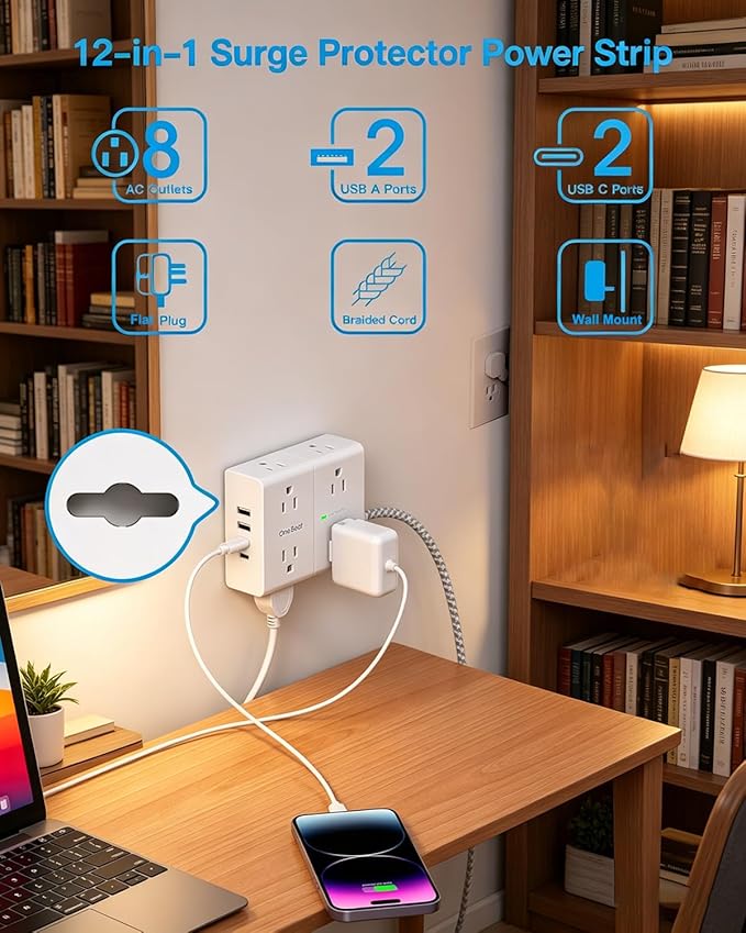 10 Ft Flat Plug Extension Cord with Multiple Outlets, Surge Protector Power Strip 10 Ft Long Cord, 8 Outlet 4 USB Ports (2 USB C), Multi Outlet Wall Plug for Office, College, Dorm Room Essentials
