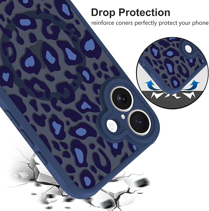 KANGHAR Case for iPhone 16 Blue Leopard Printed Pattern Cute Cheetah [Compatible with Magsafe] Protective Magnetic Case for Girls Women 6.1"