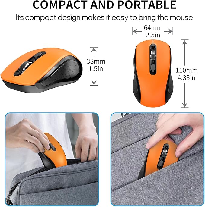 Wireless Mouse With Side Buttons Suitable for Laptops PC Chromebook Mac MacBook Silent Mouse with USB Nano Receiver 2400 DPI Anti Slip Scroll Wheel 6-Button Ergonomic Wireless Computer Mice - Orange