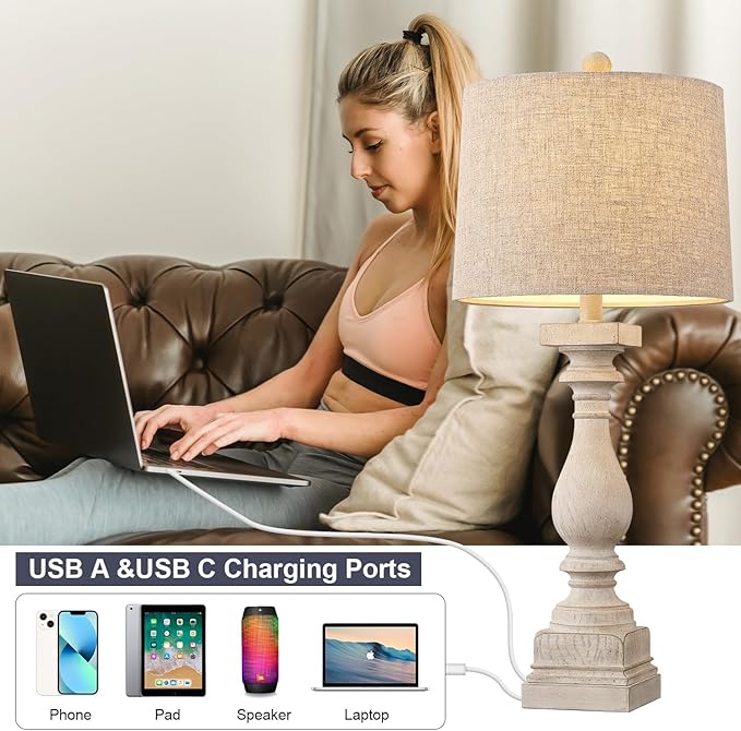 BOBOMOMO Retro 27" USB Charging Ports A/C Wash-White Farmhouse Lamps for Bedrooms Side Table Lamps Bedside Lamp for Nightstand Living Room 1 Pack (Blubs not Included)