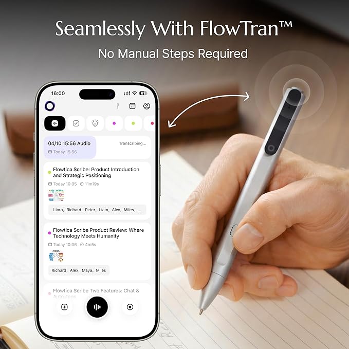Flowtica Scribe AI Voice Recorder, App Control, Transcribe & Summarize, One-Press Highlight, HiFi Audio, Background Auto-Sync, Note Taker for Meetings & Lectures, Ultra-Slim, Pogopin Cable Included